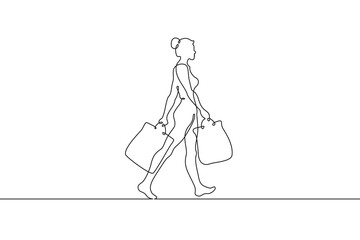 Woman goes shopping. Girl with packages. Sale.One continuous line . Line art. Minimal single line.White background. One line drawing.
