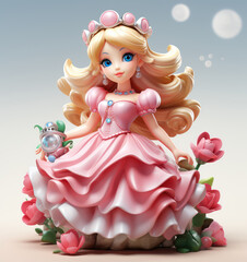 Fototapeta premium Cartoon Beautiful Cute Little Princess with Flowers in a Pink Dress extreme closeup. Generative AI