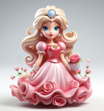 Cartoon Beautiful Cute Little Princess with Flowers in a Pink Dress extreme closeup. Generative AI
