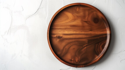 Wood Plate on White Table in Empty space, White background, kitchen table, top view, mock up