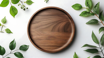 Wood Plate on White Table in Empty space, White background, kitchen table, top view, mock up