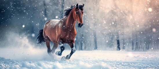 A majestic brown horse gracefully gallops through the snow-covered landscape, showcasing its strength and beauty.