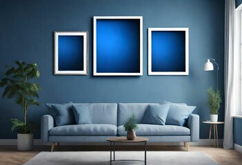 modern living room with sofa anf blue photo frames