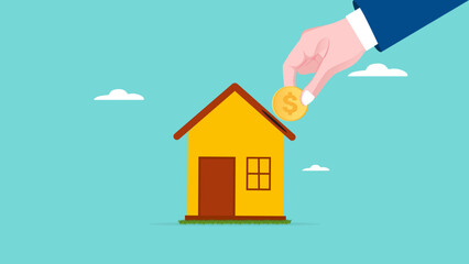 Fototapeta na wymiar save money for a house buying, property mortgage and real estate investment, piggy bank buying house concept, businessman hand put money coin into house piggy bank for saving concept illustration