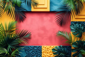 Tropical leaves framing colorful geometric patterns on a red background.