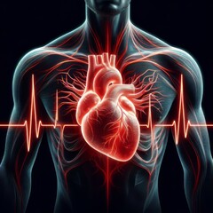 Abstract human heart shape with red cardio pulse line. Creative stylized red heart cardiogram with the human heart on a black background