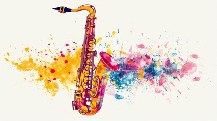 A saxophone bursts with vibrant, colorful paint splatters on a white canvas, jazz music revival - obrazy, fototapety, plakaty