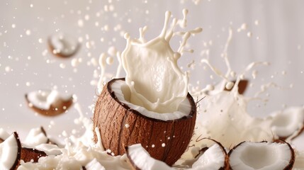 Coconut with a splash of coconut milk creating a dynamic and tropical scene, alternative vegan lactose-free milk