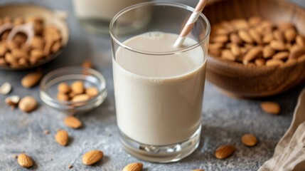 Almond milk in a glass with scattered almonds and a bowl in the backdrop, alternative plant-based vegan lactose-free milk