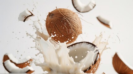 Coconut with a splash of coconut milk creating a dynamic and tropical scene, alternative vegan lactose-free milk