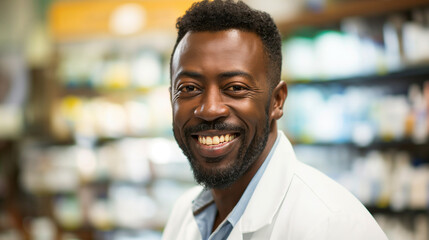 Smiling african american male pharmacist doctor in retail store