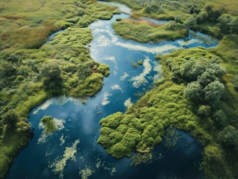 Bird's-eye view of a wetland habitat with diverse plant and animal life