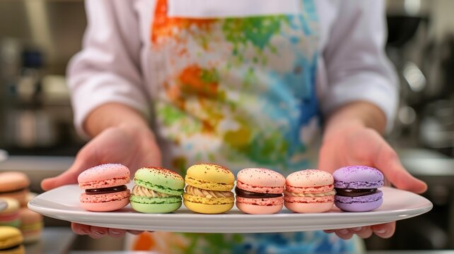A chef with an apron splashed in sorbet colors, presenting a plate of pastel macarons