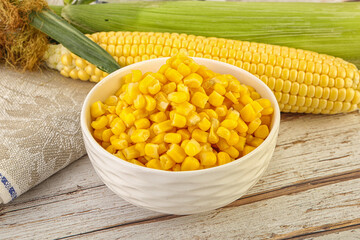 Canned yellow corn in the bowl