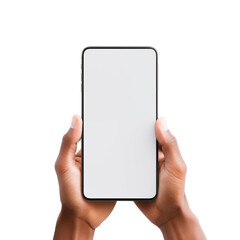 hand holding a smartphone isolated on transparent and white background. Ideal for use in advertising. Generative ai
