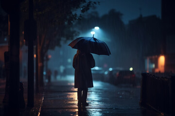 AI generated illustration of a silhouette of a person with an umbrella walking in a dark rainy city