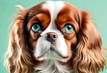 Naklejka premium A close-up shot of a gentle and affectionate Cavalier King Charles Spaniel against a warm and soothing pastel mint background, highlighting its expressive eyes and soft coat.