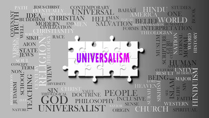 Universalism as a complex subject, related to important topics. Pictured as a puzzle and a word cloud made of most important ideas and phrases related to universalism. 3d illustration