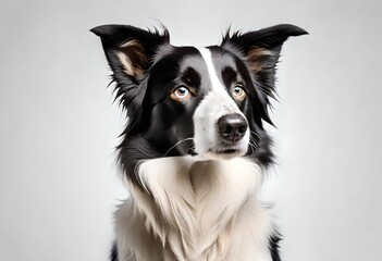 A minimalist and contemporary shot of a curious and intelligent Border Collie, captured against a clean and crisp white background, reflecting its alert and focused nature.