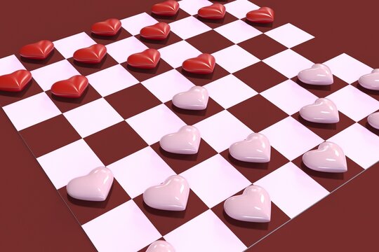 Checkers game with pink and red hearts. Valentine's Day.