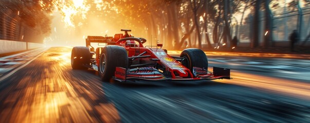 Formula One racing car moving on the race, banner with copy space, Generative AI