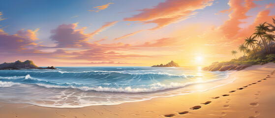 Fototapeta na wymiar Captivating ultra-wide beach scene of a paradise beach at sunrise, a dreamy coastal landscape