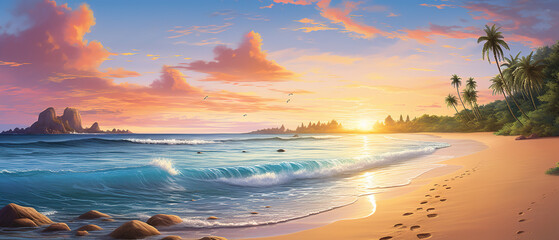 Captivating ultra-wide beach scene of a paradise beach at sunrise, a dreamy coastal landscape