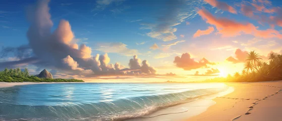 Tuinposter Captivating ultra wide beach scene, footprints in the sand, dreamy coastal landscape at sunrise © IonelV