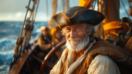 Fototapeta premium A rugged old sailor with a weathered face and a pirate hat aboard a ship, AI generated