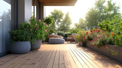 Serene Terrace with Lush Potted Plants, tranquil home terrace bathed in sunlight, featuring a variety of vibrant potted flowers and greenery, creating a private urban oasis
