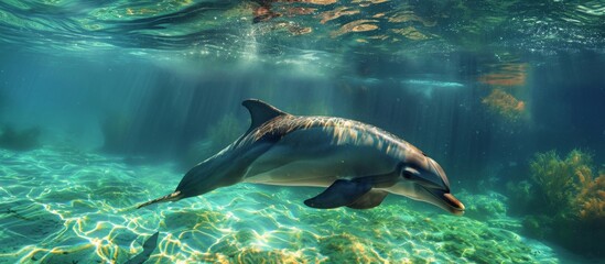 Fototapeta premium A marine mammal, the dolphin, gracefully swims in the electric blue underwater world near a coral reef, surrounded by fish and fluid water.