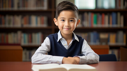 Portrait of a cute boy elementary school student Serious about reading Sitting and reading in the library.