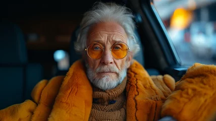 Deurstickers A dignified elderly man in yellow glasses and a matching plush coat sits in a car, his gaze reflective and serene, AI generated © ILove