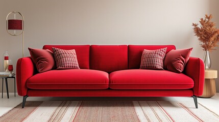 red velvet sofa in a living room.
