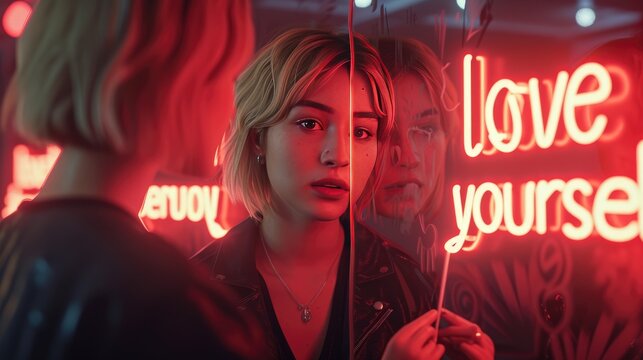 Self-Love in Neon Glow, Love yourself concept image with beautiful blonde woman looking herself in the mirror