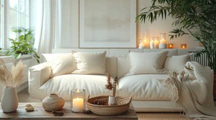 Cozy Modern Living Room Interior. Simple cozy beige living room interior with white sofa, decorative pillows, wooden table with candles and natural decorations