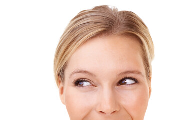Fototapeta premium Woman, face and eyes while thinking of idea against white background, mockup and closeup in studio. Professional female model with glow, vision and planning for skin care, wellness and cosmetics