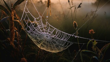 AI generated illustration of a delicate spider web illuminated in the fading light of a the evening