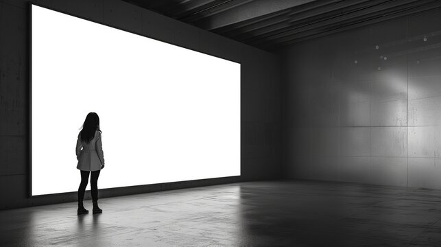 a woman watching a giant empty white screen mock-up.