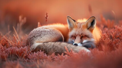 Fox at rest in a field, its fur a match for the sorbet shades of spring evening