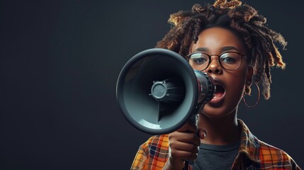 Vocal Advocate with Megaphone, Young African American woman passionately amplifies her voice through a megaphone against a dark backdrop, embodying youthful activism and energetic expression - obrazy, fototapety, plakaty
