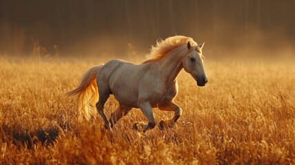 Obraz na płótnie Canvas In the field, a majestic horse runs, its mane a cascade of sorbet spring shades