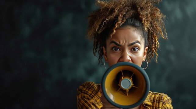 Young Activist with Megaphone, passionate young woman raises her voice through a megaphone, symbolizing empowerment and activism. Her expression is one of determination and strengt