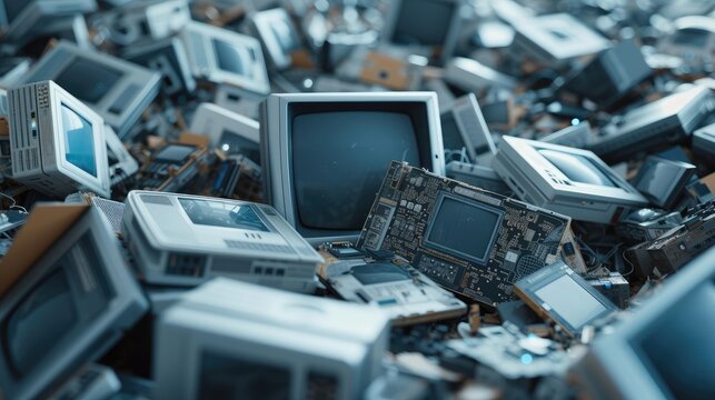 E-Waste Pileup, Old computers, digital tablets, mobile phones, many used electronic gadgets devices