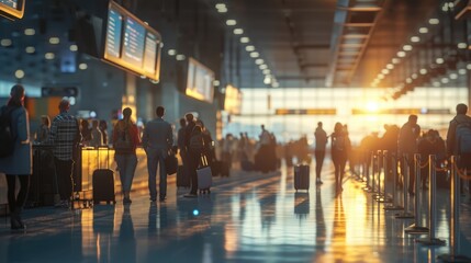 Busy Airport Terminal Scene, Travelers with luggage wait in line at an airport terminal, bathed in the warm glow of a setting or rising sun - obrazy, fototapety, plakaty