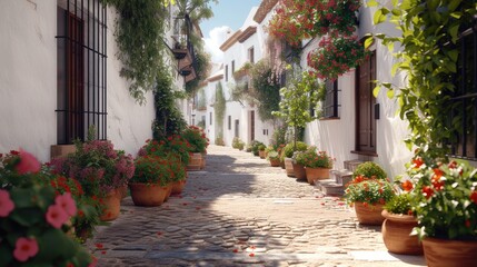 Fototapeta na wymiar Charming Spanish Street, picturesque narrow cobblestone street lined with traditional white houses adorned with vibrant flowers under the warm Spanish sun
