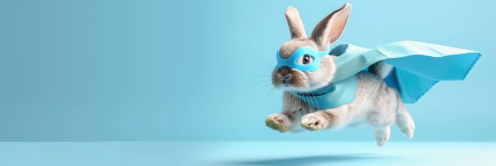 superhero rabbit, Cute with a blue cloak and mask jumping and flying on light pink background with copy space