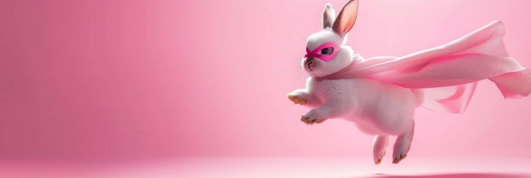 superhero rabbit, Cute with a pink cloak and mask jumping and flying on light pink background with copy space