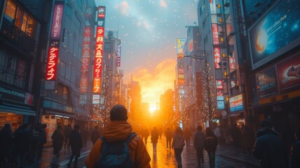 A person gazes at a vibrant sunset in a bustling city street lined with glowing signs and floating embers, AI generated