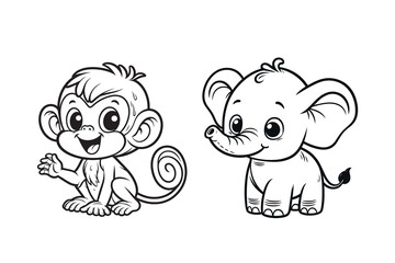 Obraz na płótnie Canvas Cute cartoon monkey and baby elephant. Black contour vector illustration in the style of children's coloring books